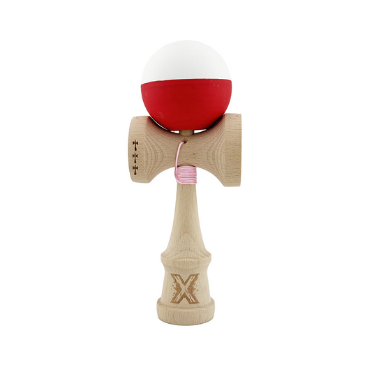 Kendama X Originala, Model Alb / Rosu in Degrade, Profesionala, Cupe Mari, Rubber Grip, Rulment, Ata 55cm