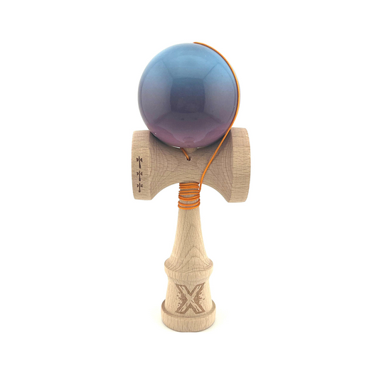 Kendama X Originala, Model Albastru / Mov / Roz in Degrade, Profesionala, Cupe Mari, Super Sticky, Rulment, Ata 55cm