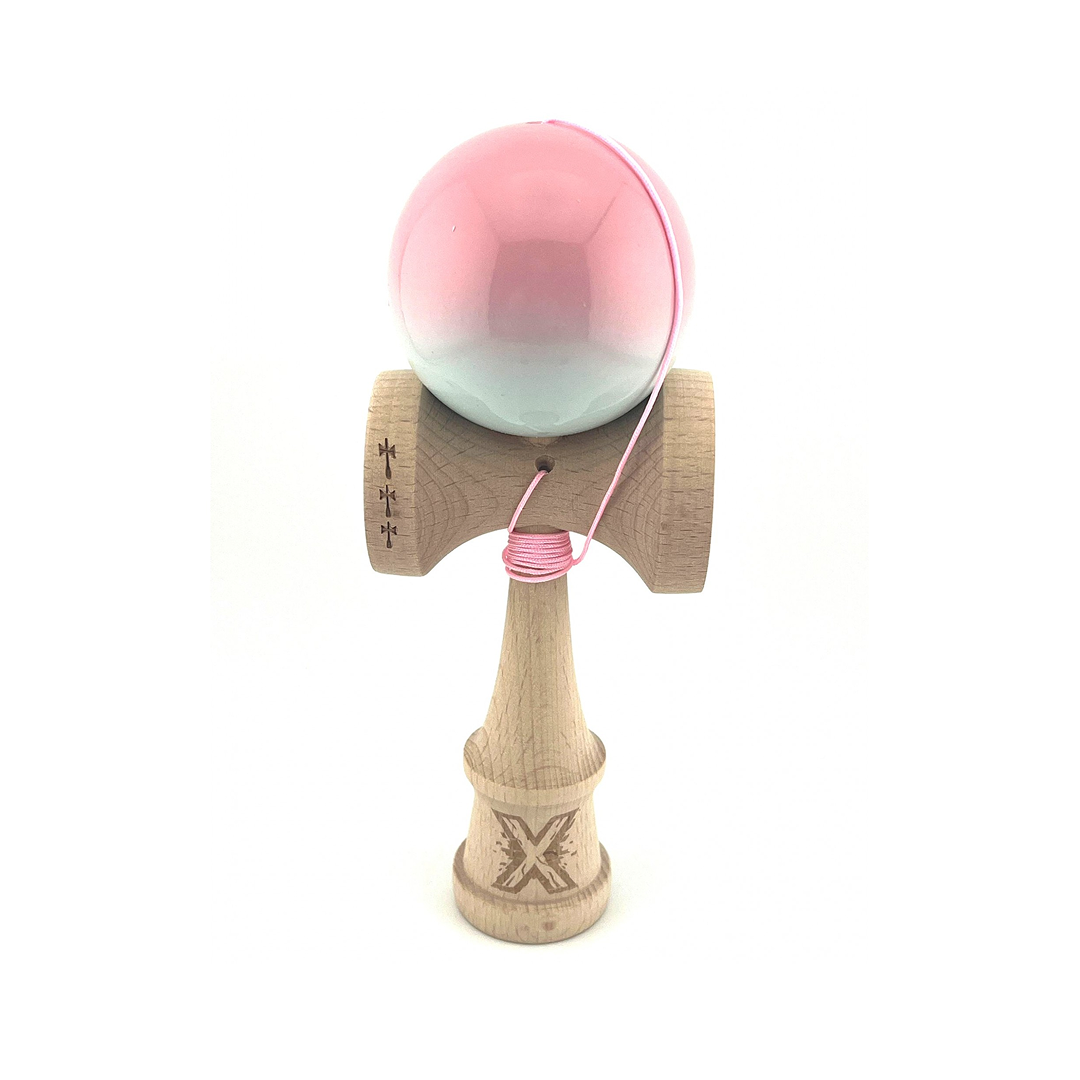 Kendama X Originala, Model Roz / Verde Deschis in Degrade, Profesionala, Cupe Mari, Super Sticky, Rulment, Ata 55cm