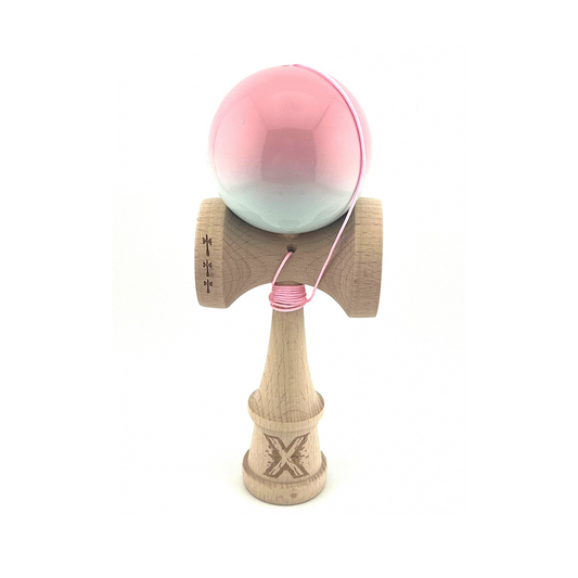 Kendama X Originala, Model Roz / Verde Deschis in Degrade, Profesionala, Cupe Mari, Super Sticky, Rulment, Ata 55cm