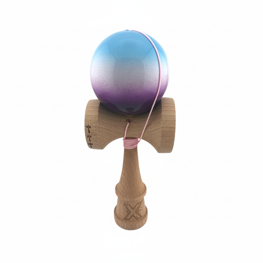 Kendama X Originala, Model Albastru / Alb / Mov in Degrade, Profesionala, Cupe Mari, Super Sticky, Rulment, Ata 55cm