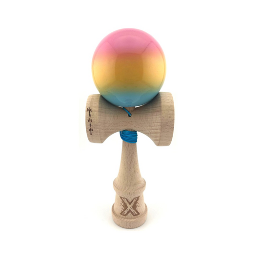 Kendama X Originala, Model Roz / Galben / Albastru in Degrade, Profesionala, Cupe Mari, Super Sticky, Rulment, Ata 55cm