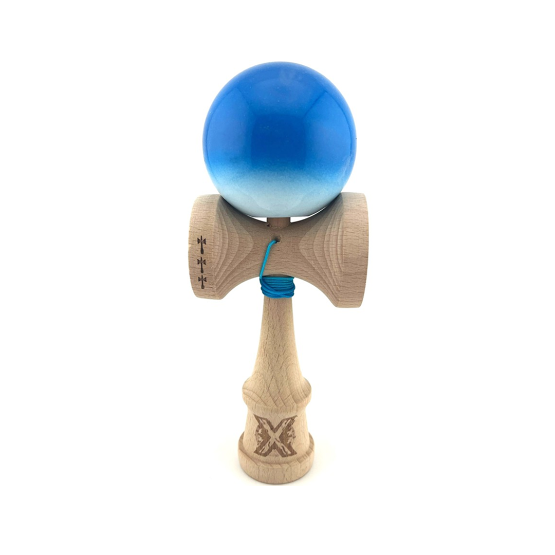 Kendama X Originala, Model Albastru / Alb in Degrade, Profesionala, Cupe Mari, Super Sticky, Rulment, Ata 55cm