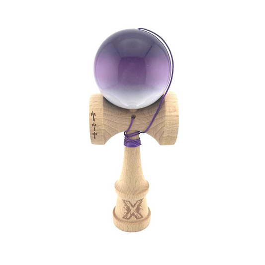 Kendama X Originala, Model Mov / Alb in Degrade, Profesionala, Cupe Mari, Super Sticky, Rulment, Ata 55cm