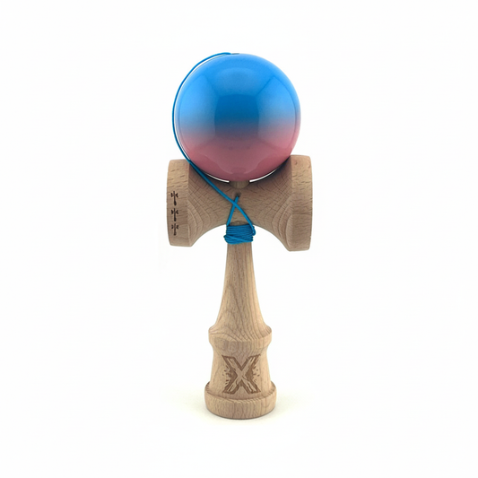 Kendama X Originala, Model Albastru / Roz in Degrade, Profesionala, Cupe Mari, Super Sticky, Rulment, Ata 55cm