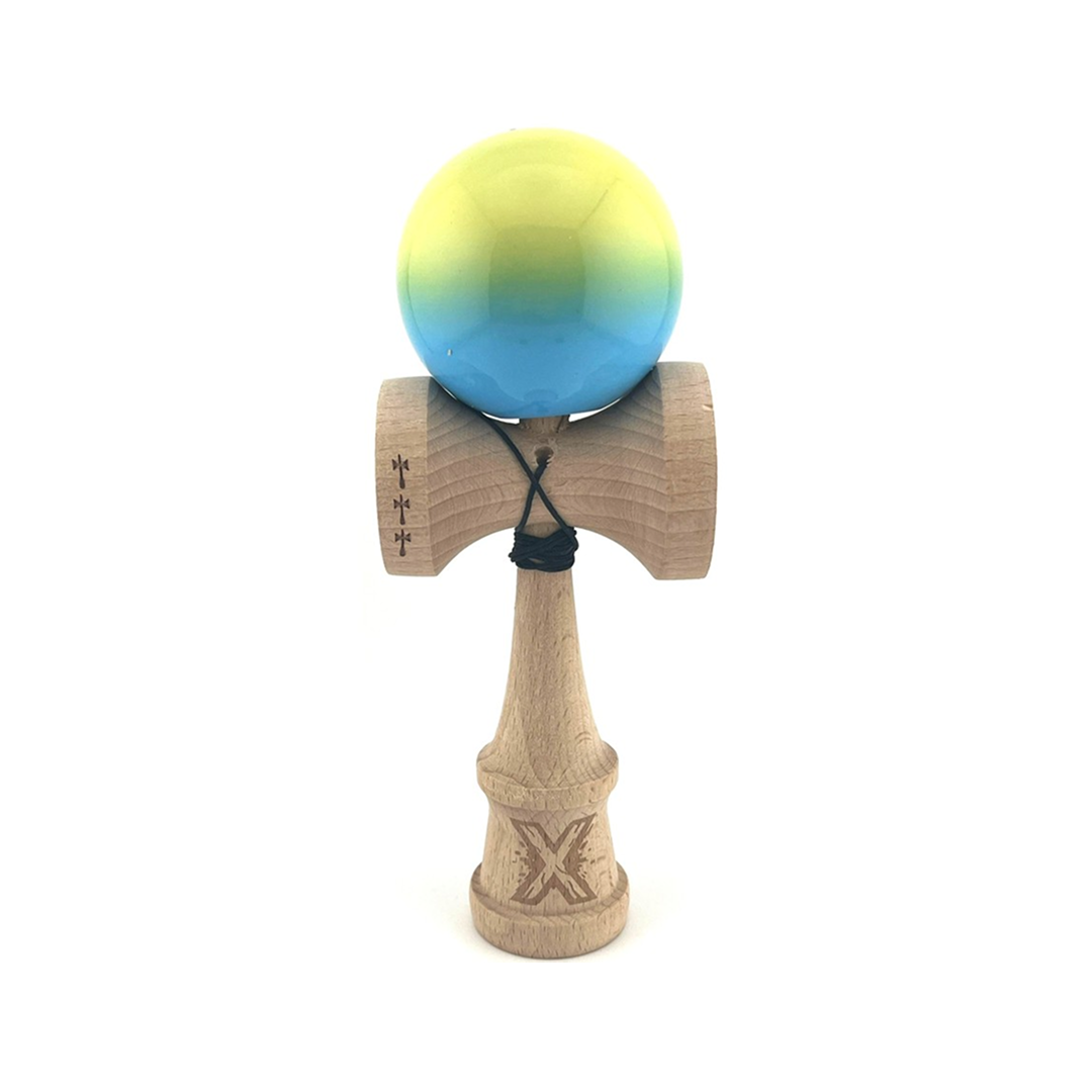 Kendama X Originala, Model Galben / Verde / Albastru, Profesionala, Cupe Mari, Super Sticky, Rulment, Ata 55cm