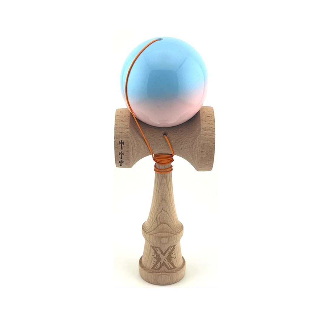 Kendama X Originala, Model Albastru / Roz in Degrade, Profesionala, Cupe Mari, Super Sticky, Rulment, Ata 55cm