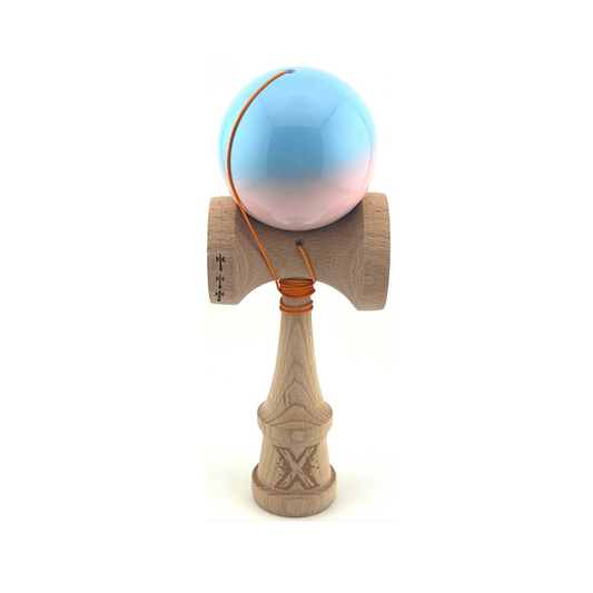 Kendama X Originala, Model Albastru / Roz in Degrade, Profesionala, Cupe Mari, Super Sticky, Rulment, Ata 55cm