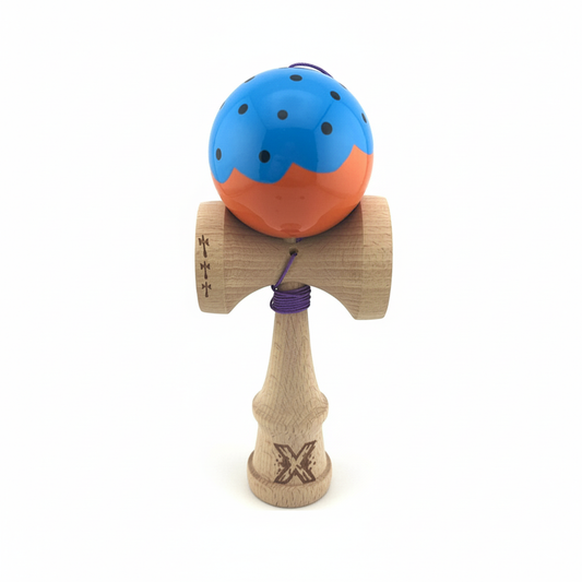 Kendama X Originala, Model Albastru / Portocaliu, Profesionala, Cupe Mari, Super Sticky, Rulment, Ata 55cm