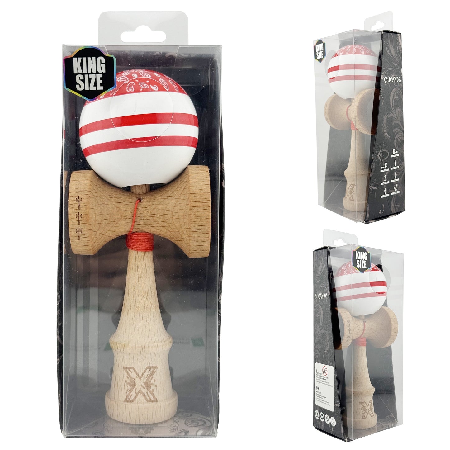 Kendama X Chicanos Originala, Model Rosu / Rosu / Alb, Profesionala, Cupe Mari, Super Sticky, Rulment, Ata 55cm
