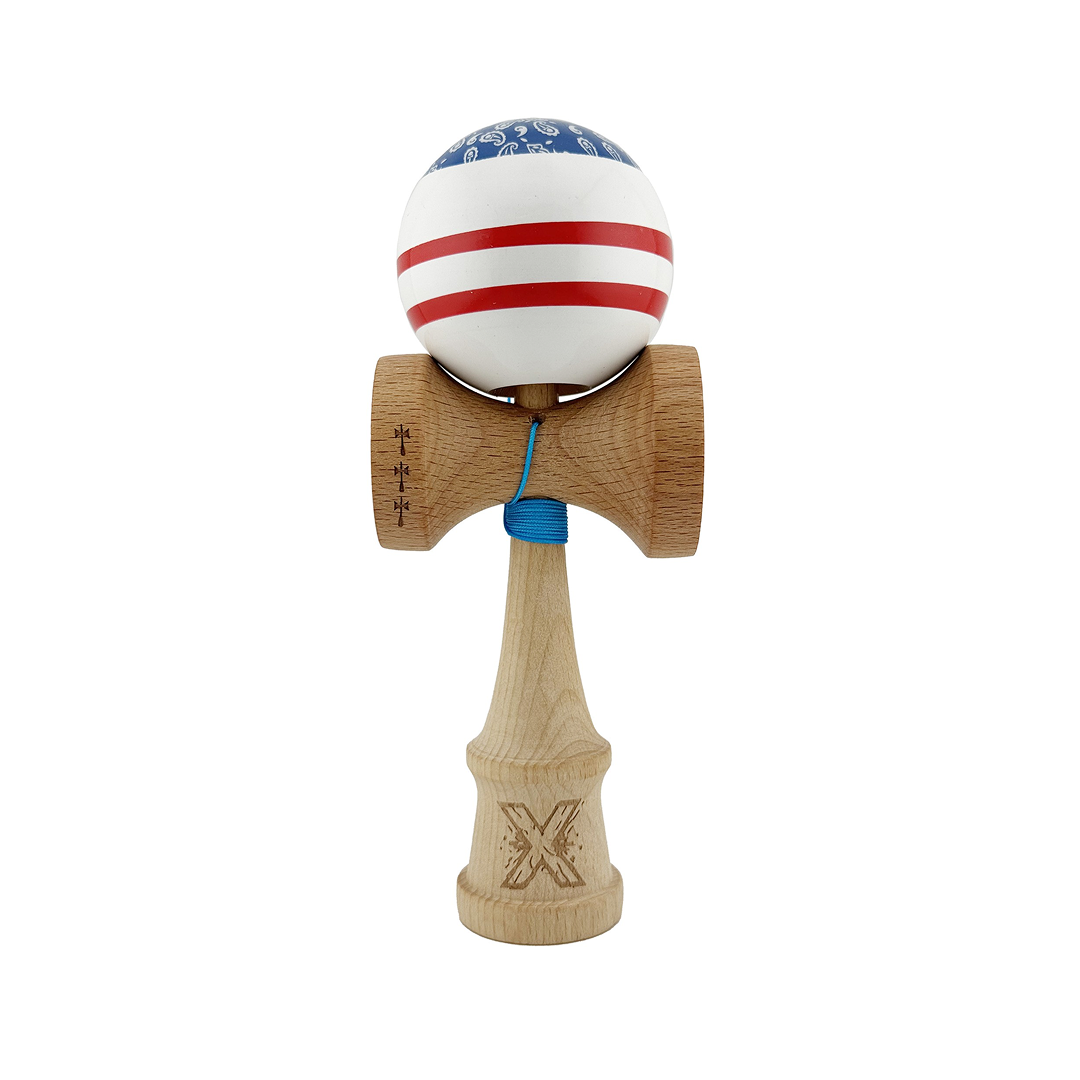 Kendama X Chicanos Originala, Model Albastru / Rosu / Alb, Profesionala, Cupe Mari, Super Sticky, Rulment, Ata 55cm