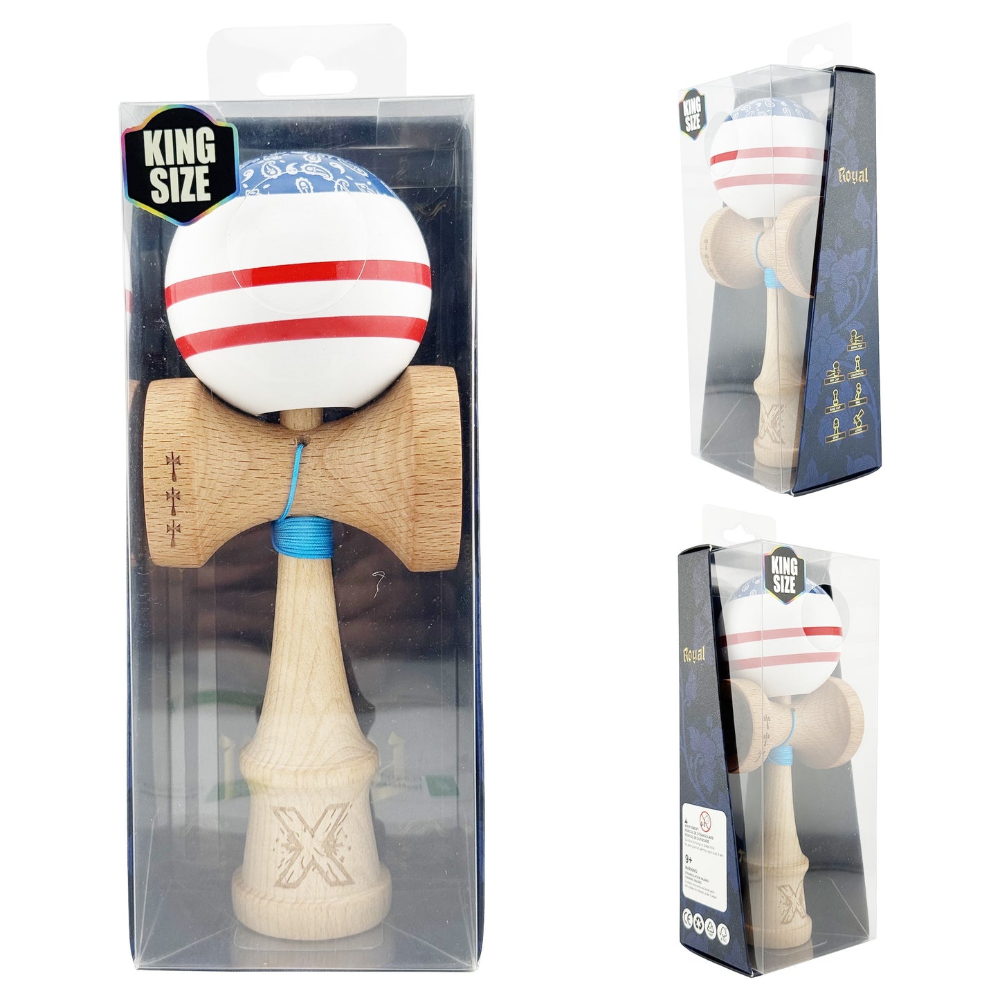 Kendama X Chicanos Originala, Model Albastru / Rosu / Alb, Profesionala, Cupe Mari, Super Sticky, Rulment, Ata 55cm