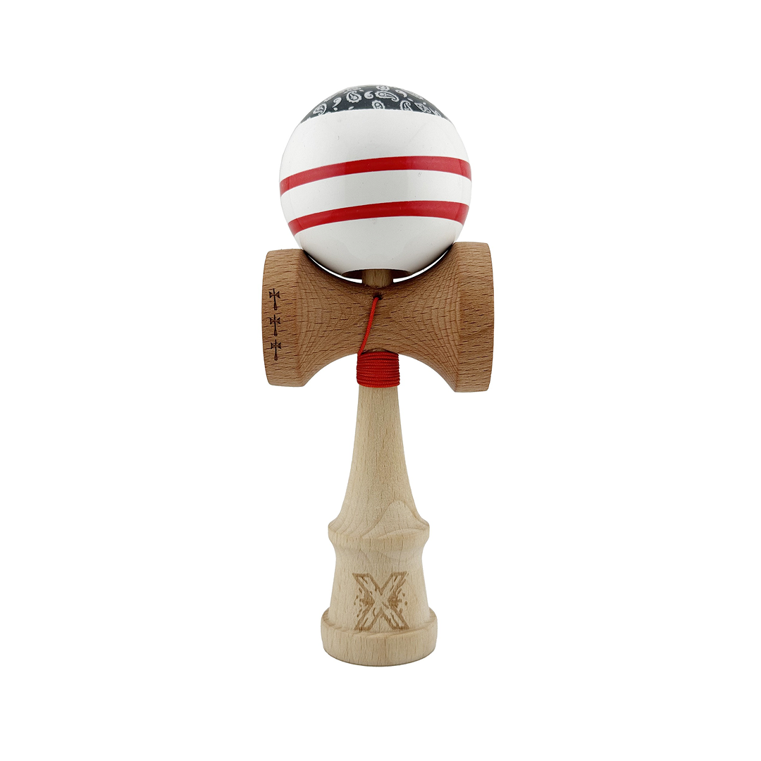 Kendama X Chicanos Originala, Model Negru / Rosu / Alb, Profesionala, Cupe Mari, Super Sticky, Rulment, Ata 55cm