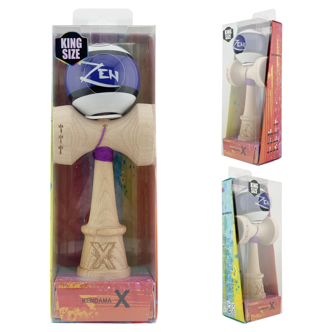 Kendama X Zen Originala, Model V3 Violet, Profesionala, Cupe Mari King Size, Super Sticky, Gaura in Baza, Rulment, Ata 55cm