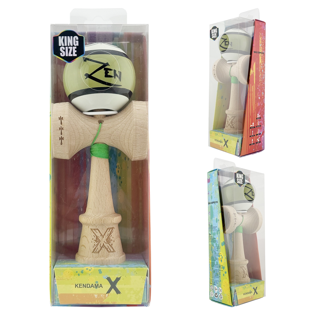 Kendama X Zen Originala, Model V3 Verde, Profesionala, Cupe Mari King Size, Super Sticky, Gaura in Baza, Rulment, Ata 55cm