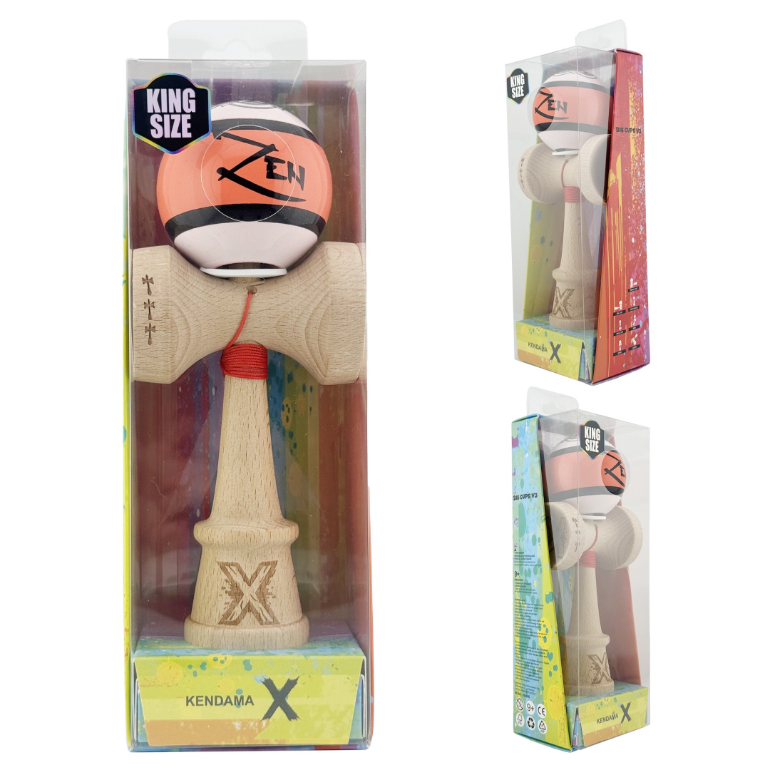 Kendama X Zen Originala, Model V3 Coral, Profesionala, Cupe Mari King Size, Super Sticky, Gaura in Baza, Rulment, Ata 55cm