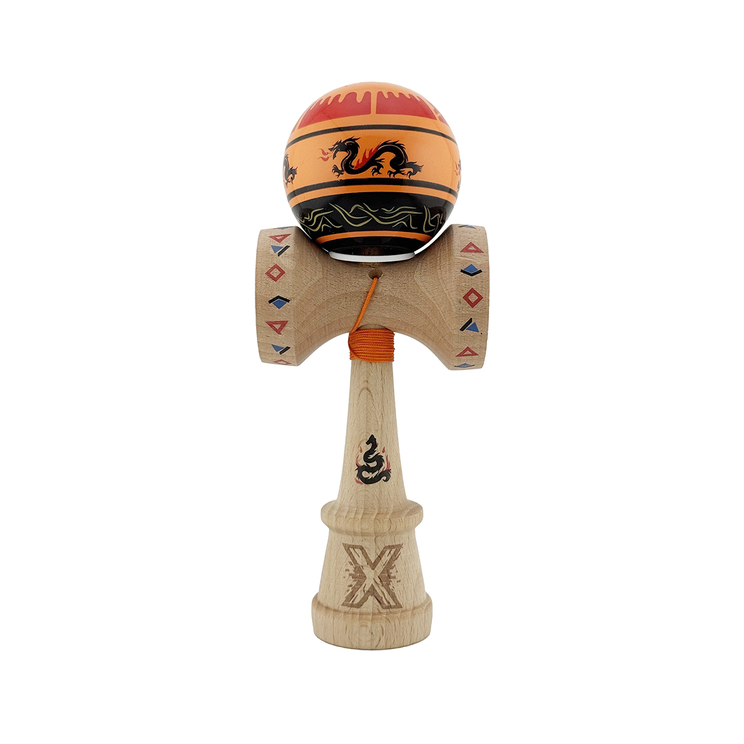 Kendama X Dragon Originala, Model V3 Portocaliu/Negru, Profesionala, Cupe Mari King Size, Super Sticky, Gaura in Baza, Rulment, Ata 62cm