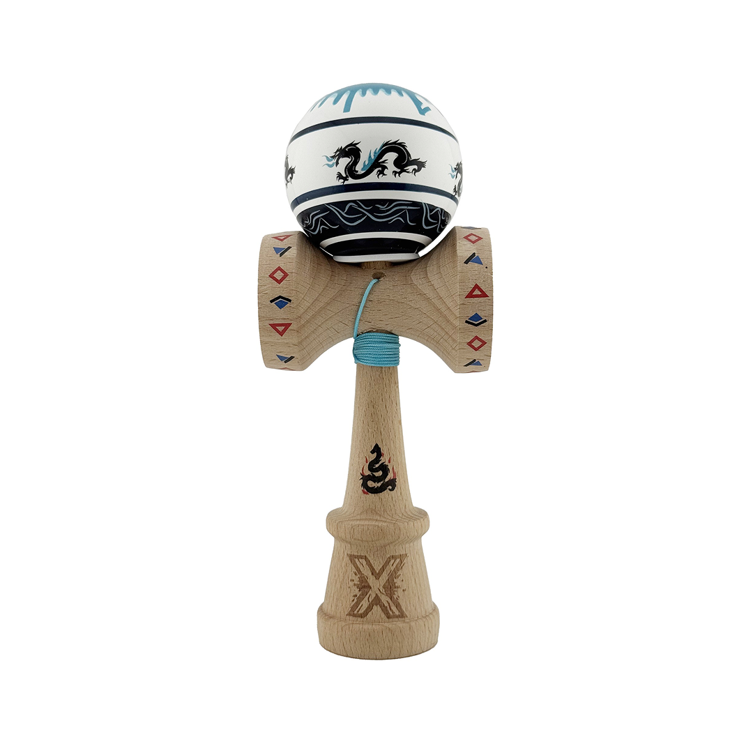 Kendama X Dragon Originala, Model V3 Albastru/Negru, Profesionala, Cupe Mari King Size, Super Sticky, Gaura in Baza, Rulment, Ata 62cm