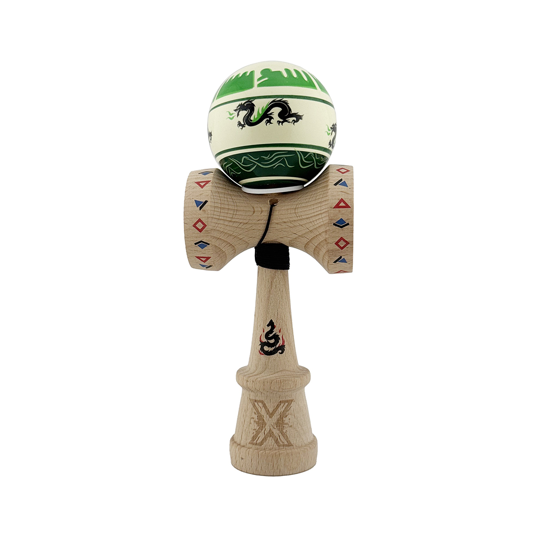 Kendama X Dragon Originala, Model V3 Verde Deschis / Negru, Profesionala, Cupe Mari King Size, Super Sticky, Gaura in Baza, Rulment, Ata 62cm