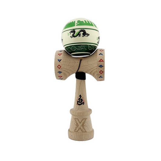 Kendama X Dragon Originala, Model V3 Verde Deschis / Negru, Profesionala, Cupe Mari King Size, Super Sticky, Gaura in Baza, Rulment, Ata 62cm
