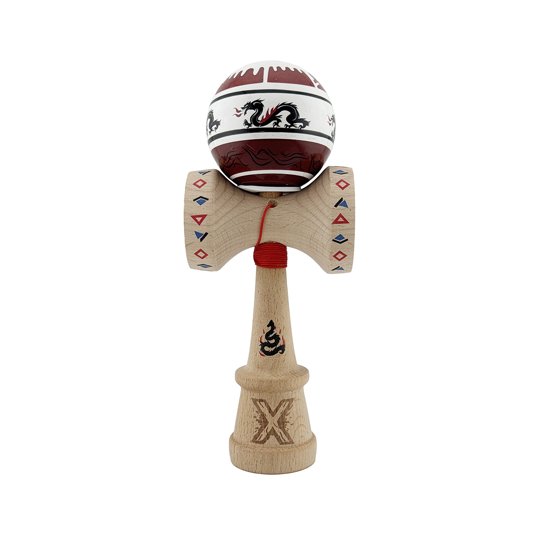 Kendama X Dragon Originala, Model V3 Alb / Rosu Inchis, Profesionala, Cupe Mari King Size, Super Sticky, Gaura in Baza, Rulment, Ata 62cm