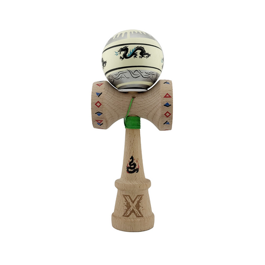 Kendama X Dragon Originala, Model V3 Gri / Verde Deschis, Profesionala, Cupe Mari King Size, Super Sticky, Gaura in Baza, Rulment, Ata 62cm