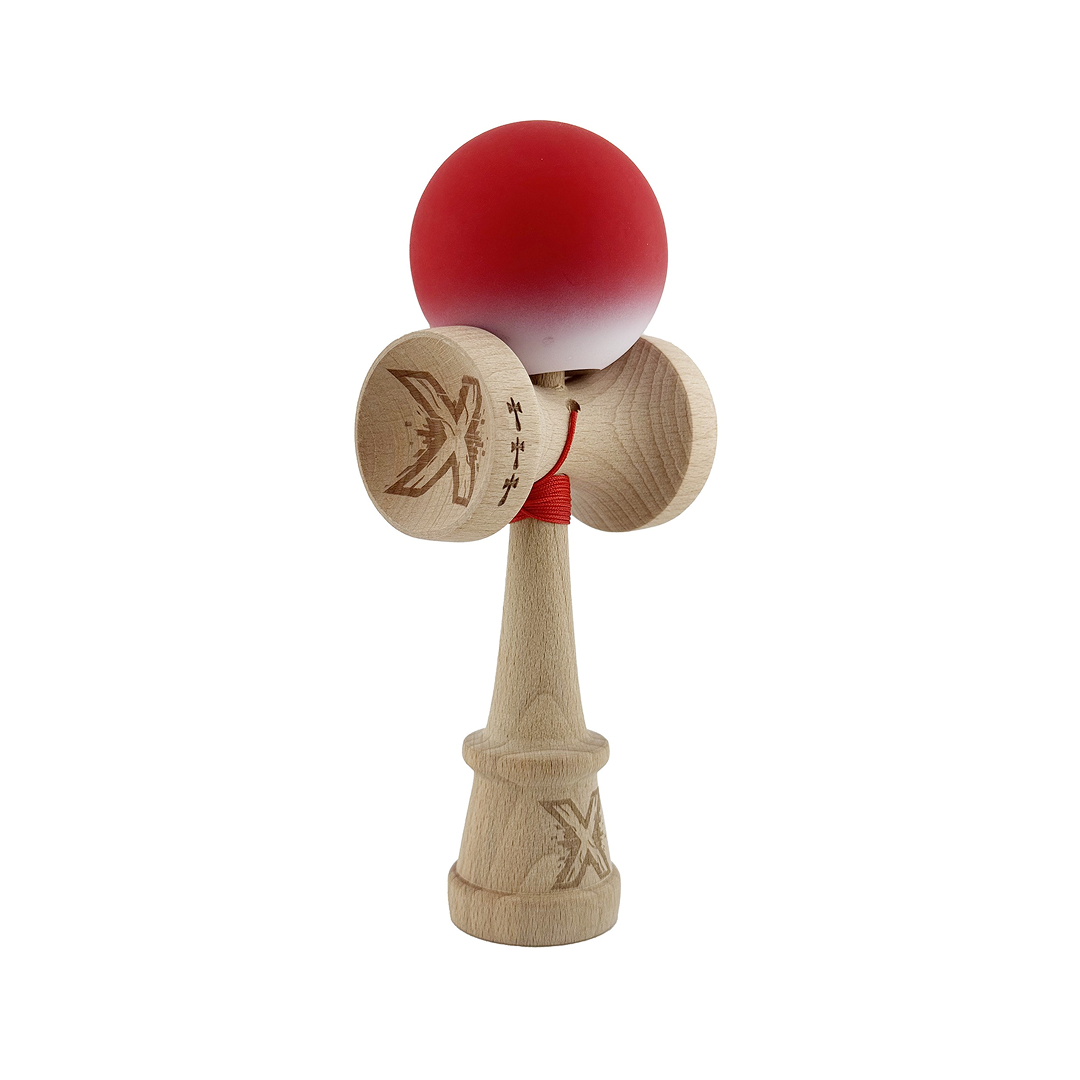 Kendama X Originala, Model V3 Rosu / Alb in Degrade, Profesionala, Cupe Mari King Size, Rubber Grip, Gaura in Baza, Rulment, Ata 55cm