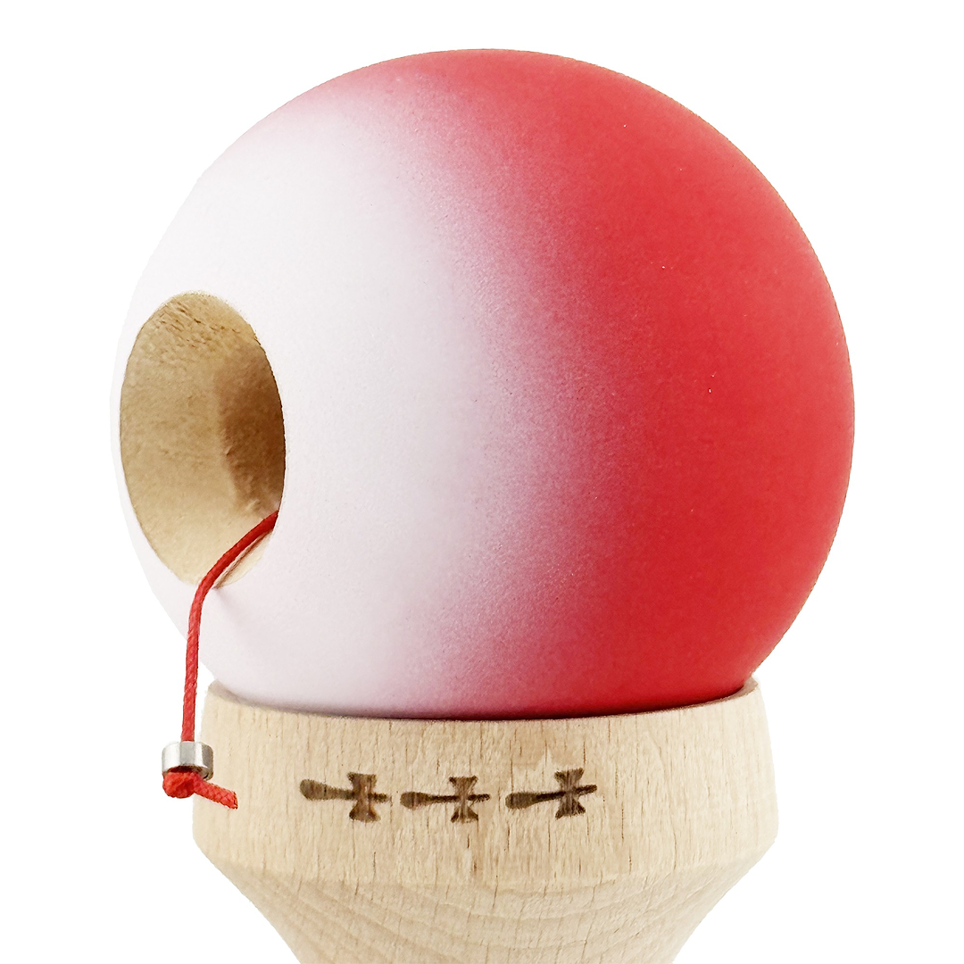 Kendama X Originala, Model V3 Rosu / Alb in Degrade, Profesionala, Cupe Mari King Size, Rubber Grip, Gaura in Baza, Rulment, Ata 55cm