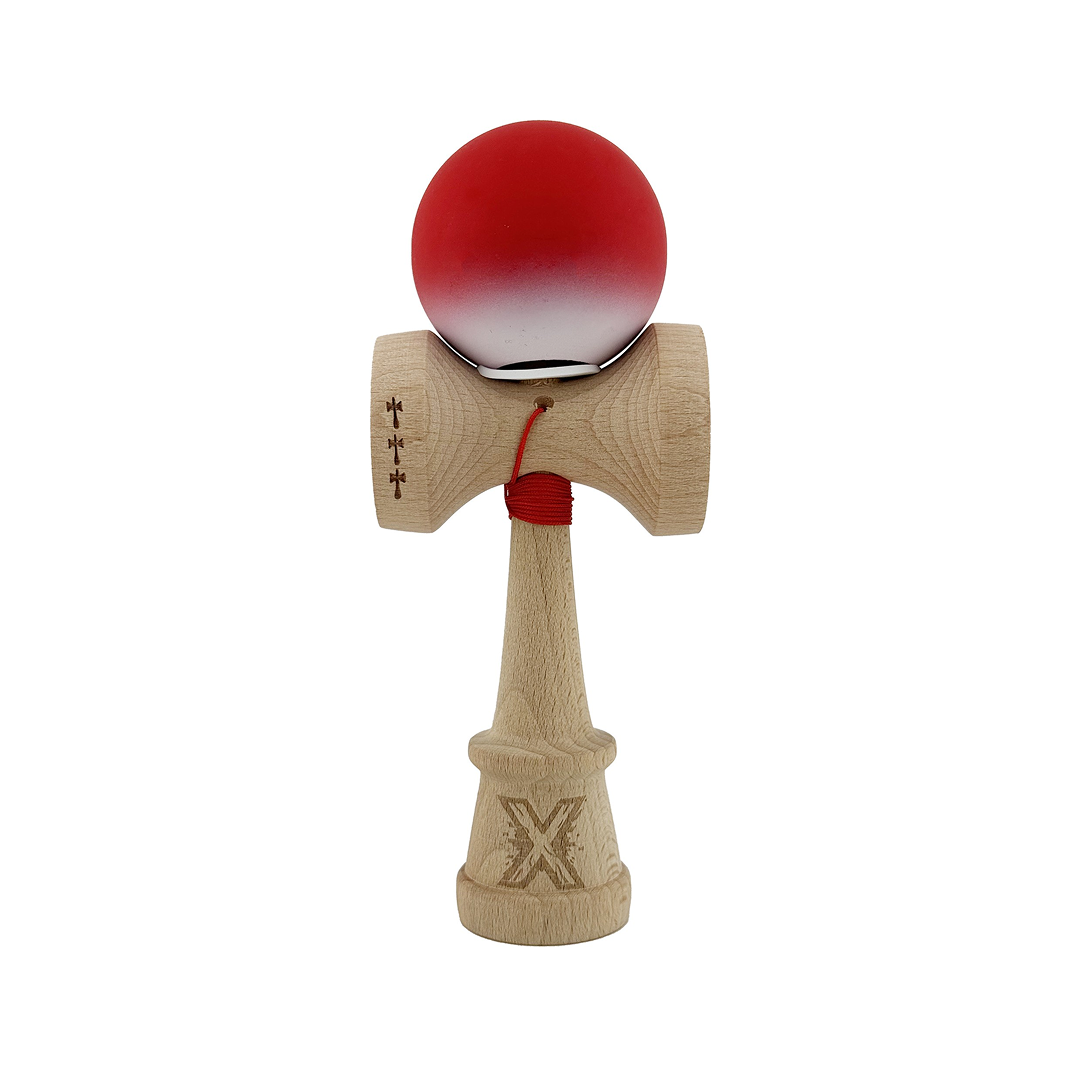 Kendama X Originala, Model V3 Rosu / Alb in Degrade, Profesionala, Cupe Mari King Size, Rubber Grip, Gaura in Baza, Rulment, Ata 55cm