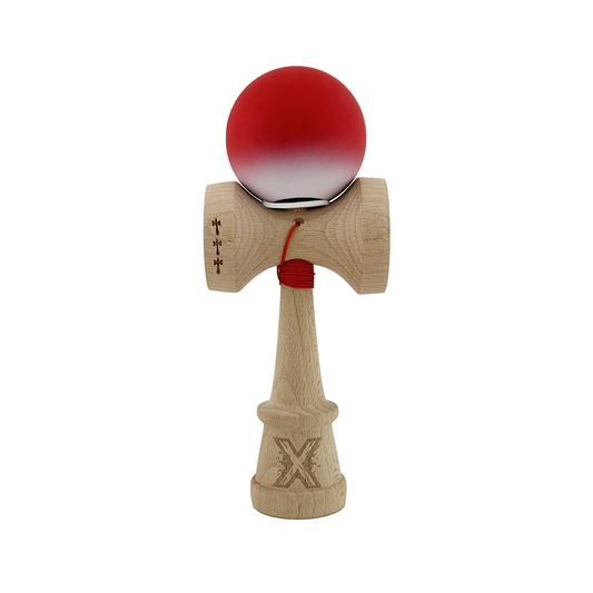 Kendama X Originala, Model V3 Rosu / Alb in Degrade, Profesionala, Cupe Mari King Size, Rubber Grip, Gaura in Baza, Rulment, Ata 55cm
