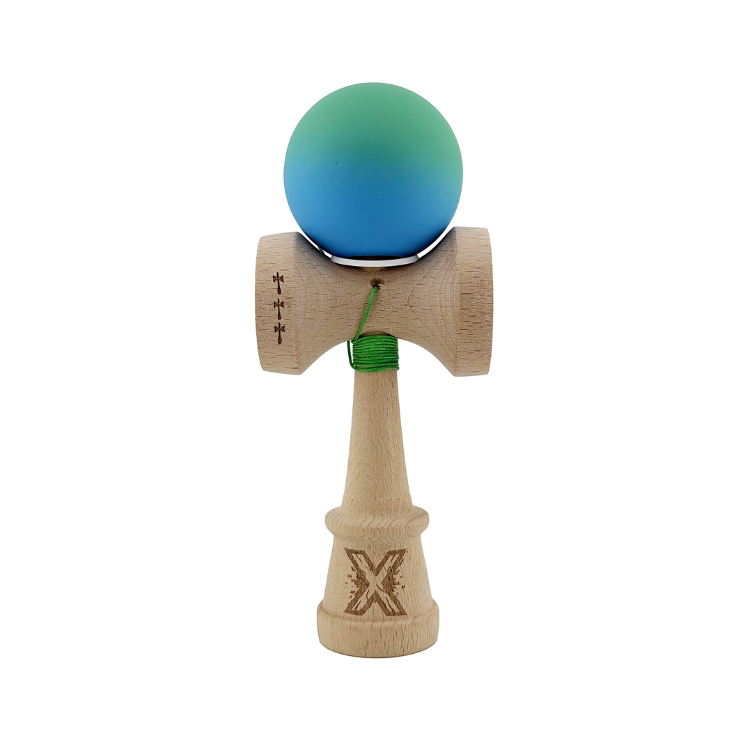 Kendama X Originala, Model V3 Verde / Albastru in Degrade, Profesionala, Cupe Mari King Size, Rubber Grip, Gaura in Baza, Rulment, Ata 55cm