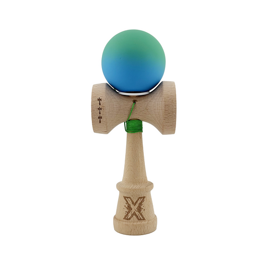 Kendama X Originala, Model V3 Verde / Albastru in Degrade, Profesionala, Cupe Mari King Size, Rubber Grip, Gaura in Baza, Rulment, Ata 55cm