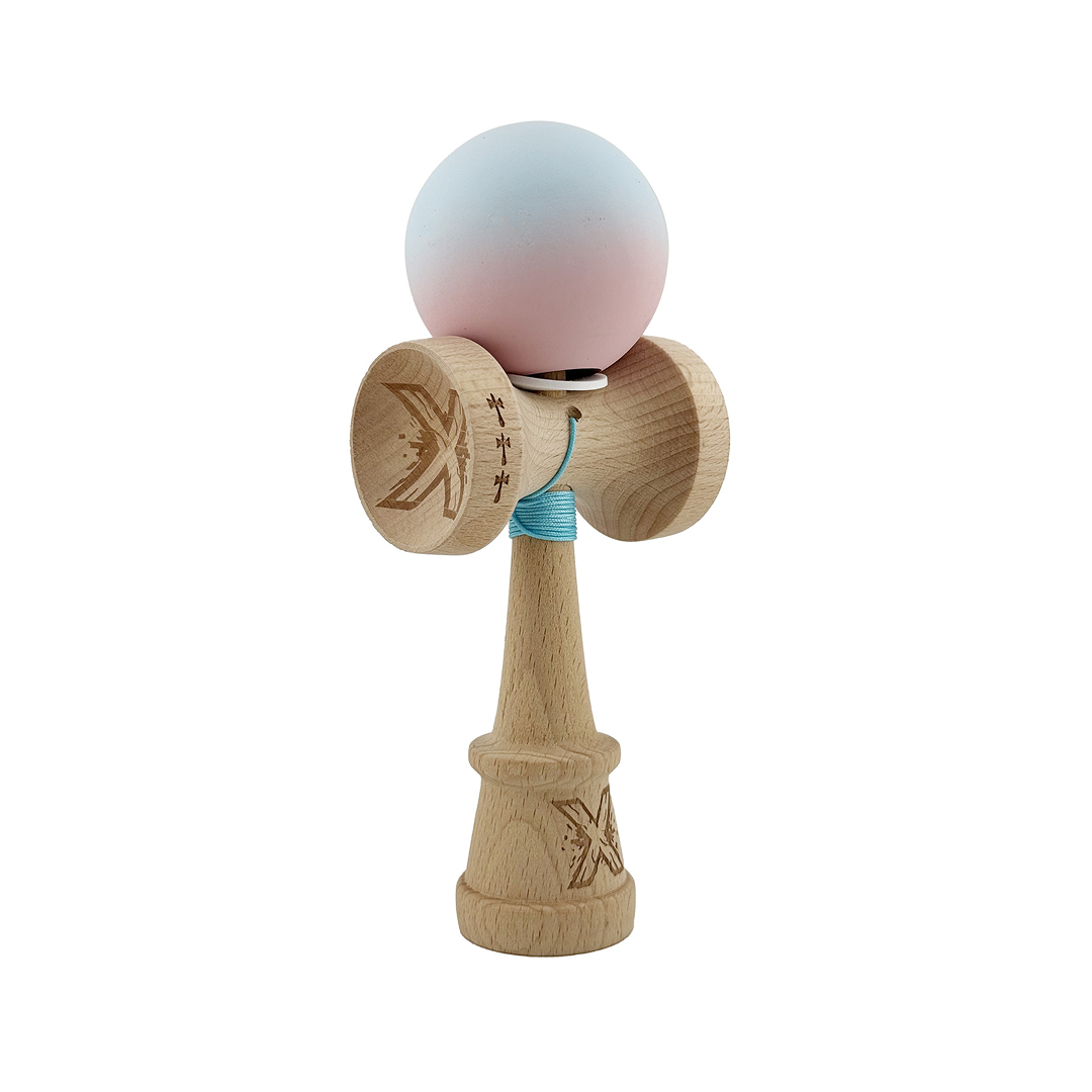 Kendama X Originala, Model V3 Albastru Deschis / Roz in Degrade, Profesionala, Cupe Mari King Size, Rubber Grip, Gaura in Baza, Rulment, Ata 55cm