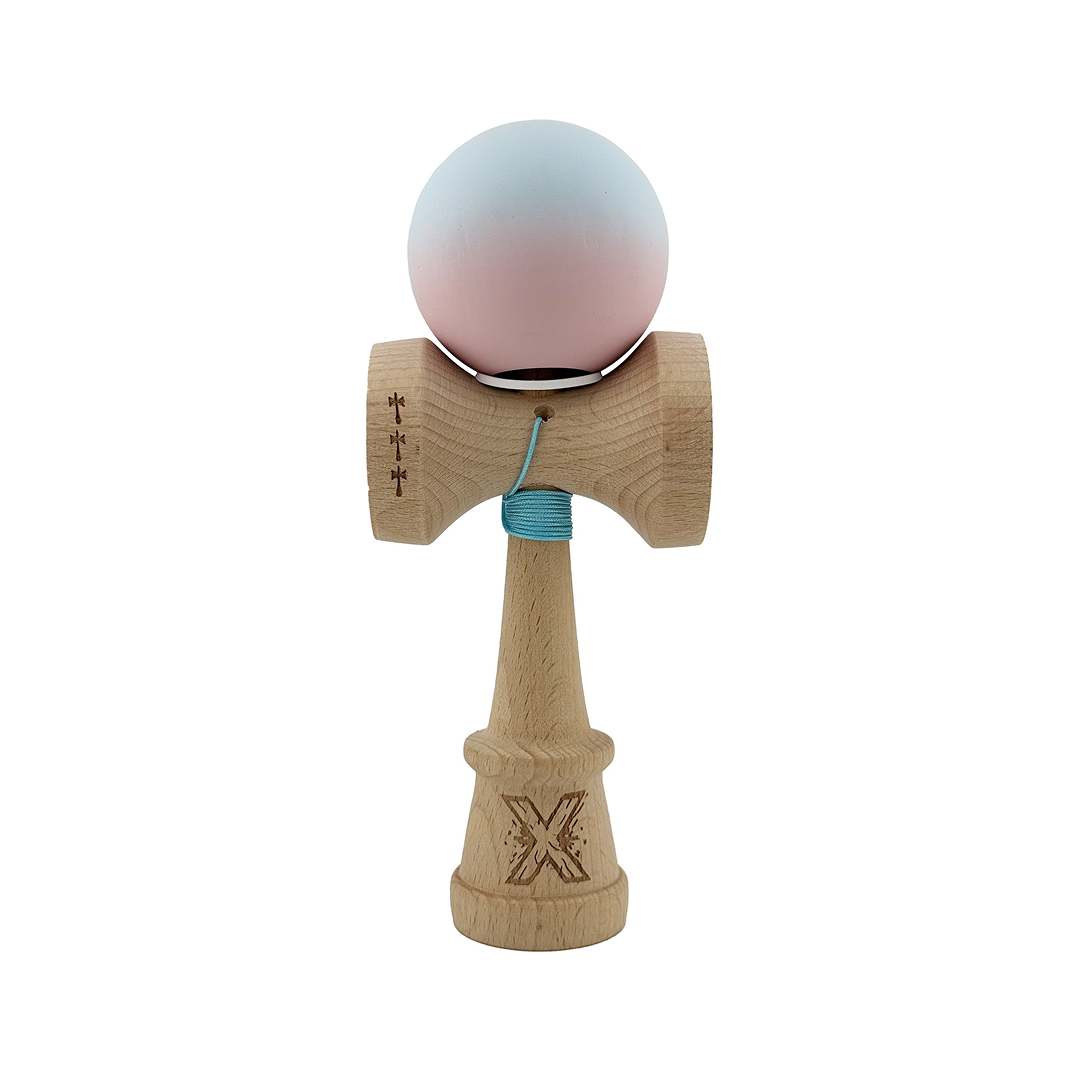 Kendama X Originala, Model V3 Albastru Deschis / Roz in Degrade, Profesionala, Cupe Mari King Size, Rubber Grip, Gaura in Baza, Rulment, Ata 55cm