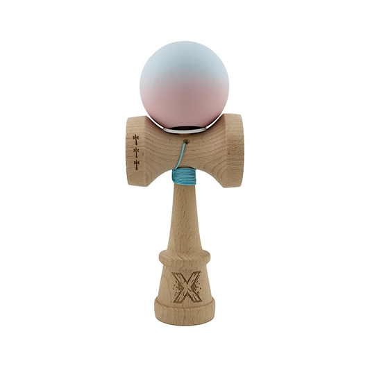 Kendama X Originala, Model V3 Albastru Deschis / Roz in Degrade, Profesionala, Cupe Mari King Size, Rubber Grip, Gaura in Baza, Rulment, Ata 55cm