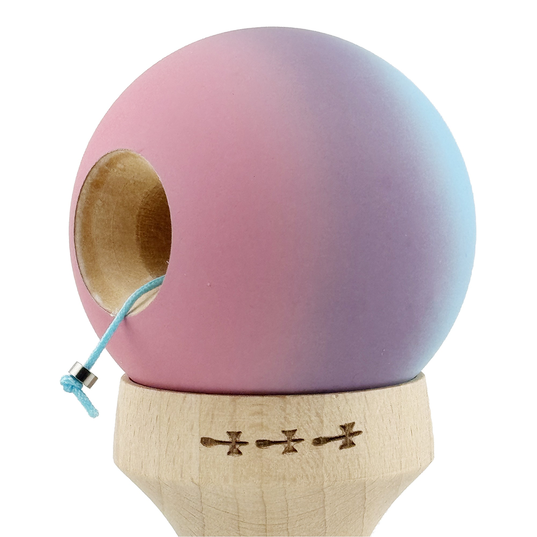 Kendama X Originala, Model V3 Albastru Deschis / Mov / Roz in Degrade, Profesionala, Cupe Mari King Size, Rubber Grip, Gaura in Baza, Rulment, Ata 55cm