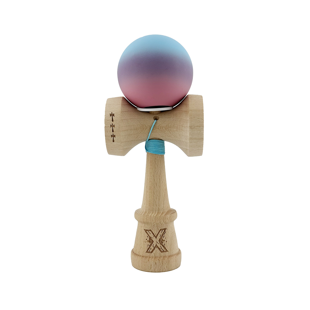 Kendama X Originala, Model V3 Albastru Deschis / Mov / Roz in Degrade, Profesionala, Cupe Mari King Size, Rubber Grip, Gaura in Baza, Rulment, Ata 55cm
