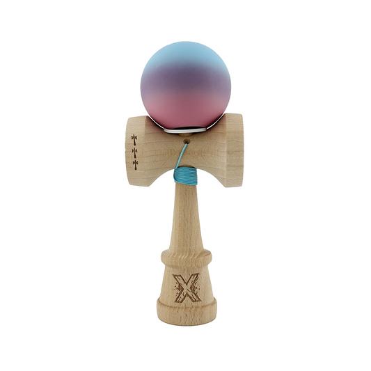 Kendama X Originala, Model V3 Albastru Deschis / Mov / Roz in Degrade, Profesionala, Cupe Mari King Size, Rubber Grip, Gaura in Baza, Rulment, Ata 55cm
