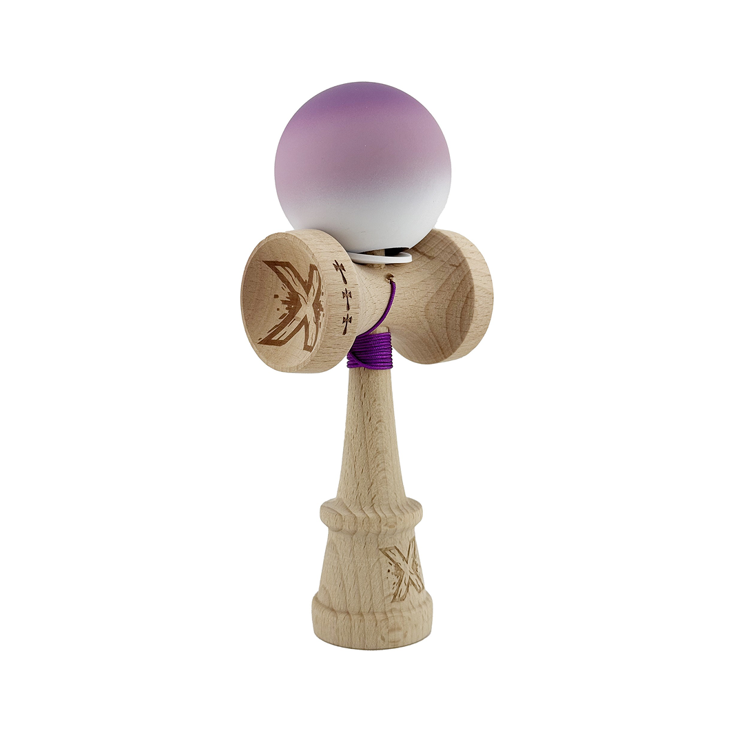 Kendama X Originala, Model V3 Mov / Alb in Degrade, Profesionala, Cupe Mari King Size, Rubber Grip, Gaura in Baza, Rulment, Ata 55cm