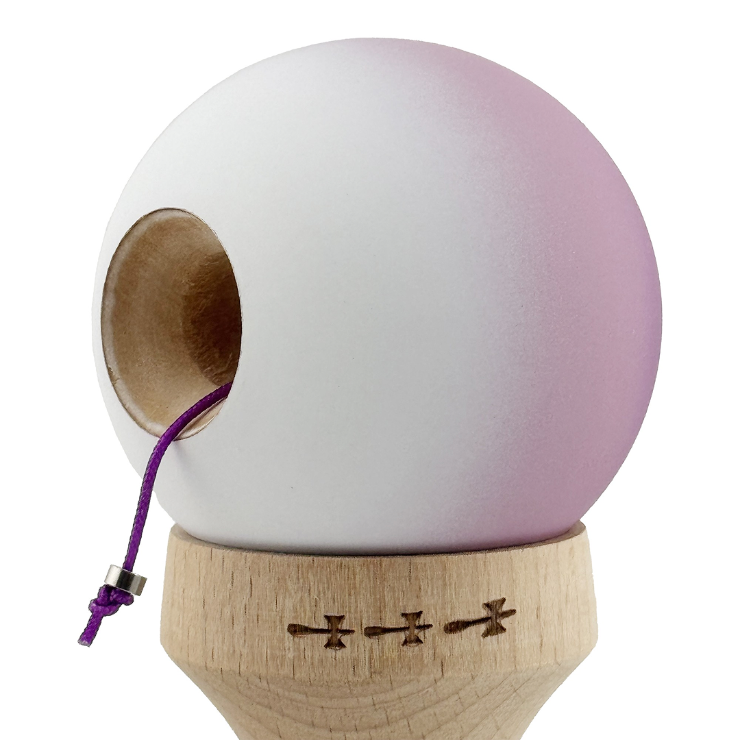 Kendama X Originala, Model V3 Mov / Alb in Degrade, Profesionala, Cupe Mari King Size, Rubber Grip, Gaura in Baza, Rulment, Ata 55cm