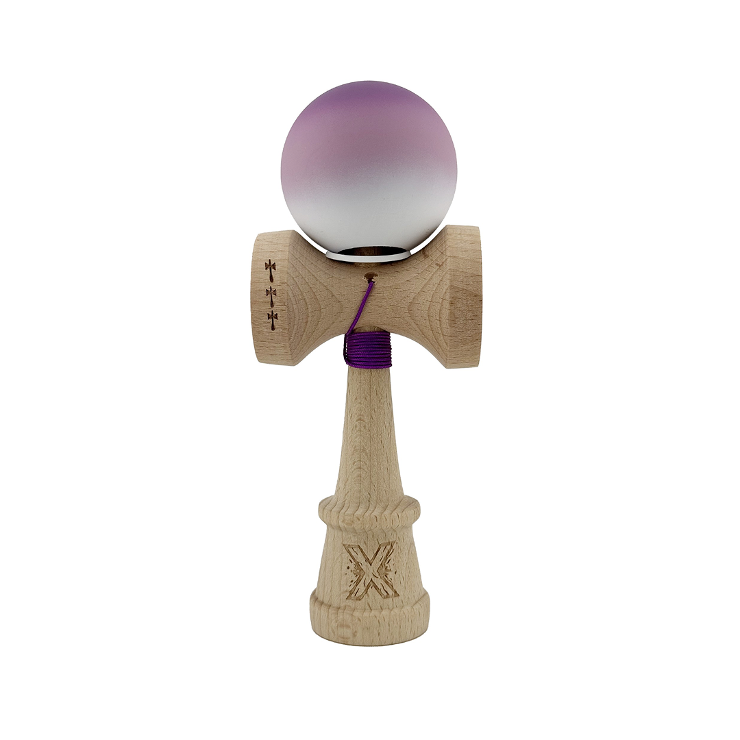 Kendama X Originala, Model V3 Mov / Alb in Degrade, Profesionala, Cupe Mari King Size, Rubber Grip, Gaura in Baza, Rulment, Ata 55cm