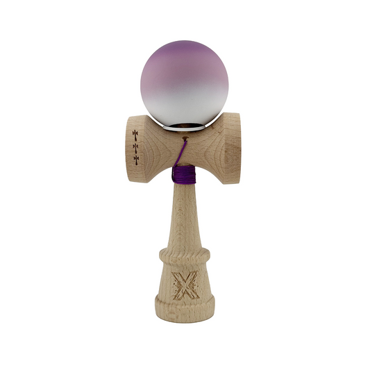 Kendama X Originala, Model V3 Mov / Alb in Degrade, Profesionala, Cupe Mari King Size, Rubber Grip, Gaura in Baza, Rulment, Ata 55cm