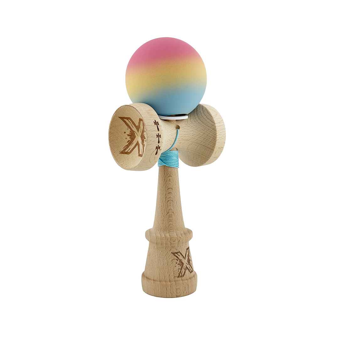 Kendama X Originala, Model V3 Roz / Galben / Albastru Deschis in Degrade, Profesionala, Cupe Mari King Size, Rubber Grip, Gaura in Baza, Rulment, Ata 55cm