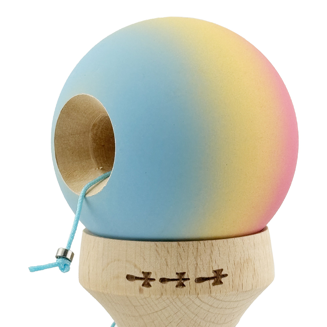 Kendama X Originala, Model V3 Roz / Galben / Albastru Deschis in Degrade, Profesionala, Cupe Mari King Size, Rubber Grip, Gaura in Baza, Rulment, Ata 55cm