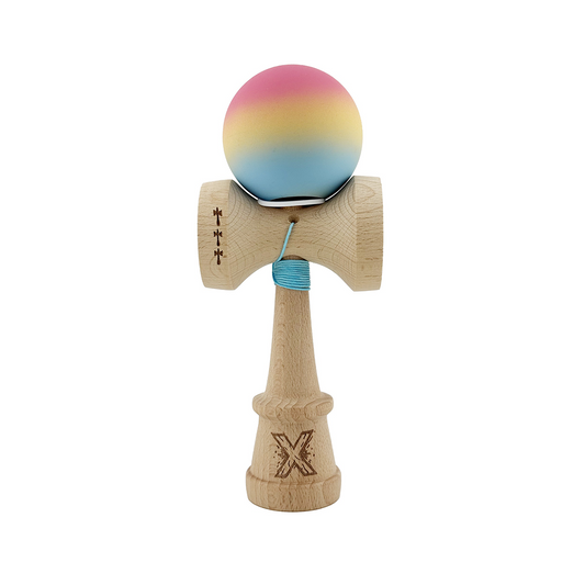 Kendama X Originala, Model V3 Roz / Galben / Albastru Deschis in Degrade, Profesionala, Cupe Mari King Size, Rubber Grip, Gaura in Baza, Rulment, Ata 55cm