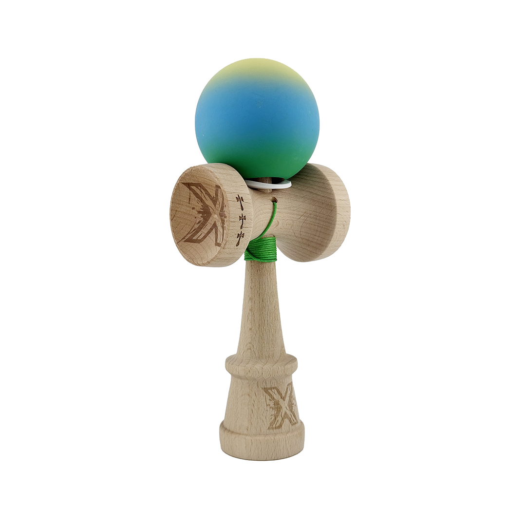 Kendama X Originala, Model V3 Galben / Albastru / Verde in Degrade, Profesionala, Cupe Mari King Size, Rubber Grip, Gaura in Baza, Rulment, Ata 55cm