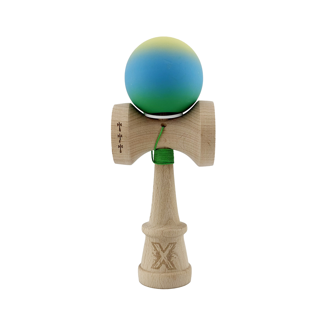 Kendama X Originala, Model V3 Galben / Albastru / Verde in Degrade, Profesionala, Cupe Mari King Size, Rubber Grip, Gaura in Baza, Rulment, Ata 55cm