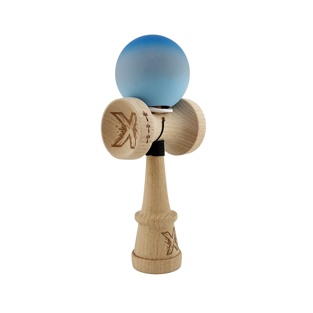 Kendama X Originala, Model V3 Albastru / Gri / Albastru Deschis in Degrade, Profesionala, Cupe Mari King Size, Rubber Grip, Gaura in Baza, Rulment, Ata 55cm