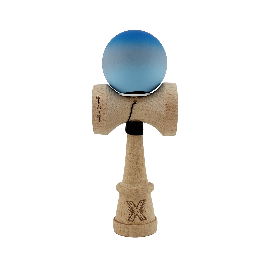 Kendama X Originala, Model V3 Albastru / Gri / Albastru Deschis in Degrade, Profesionala, Cupe Mari King Size, Rubber Grip, Gaura in Baza, Rulment, Ata 55cm