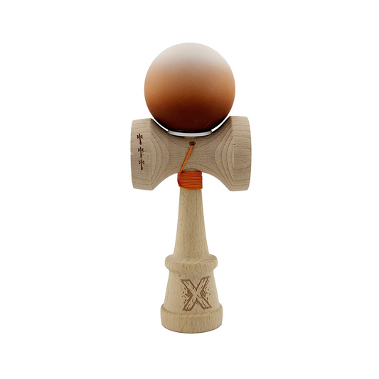 Kendama X Originala, Model V3 Alb / Maro in Degrade, Profesionala, Cupe Mari King Size, Rubber Grip, Gaura in Baza, Rulment, Ata 55cm